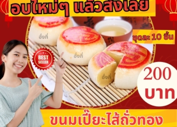 ขนมเปี๊ยะชิ้นเล็ก 50 กรัม ไส้ถั่วทอง 10 ชิ้น ใส่กล่องแดง